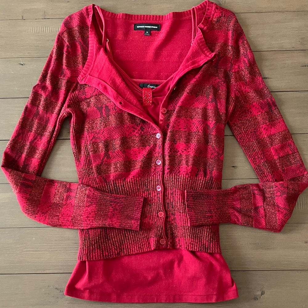 Express Red Sparkle Striped Snakeskin Cardigan Sweater and Matching Tank Top